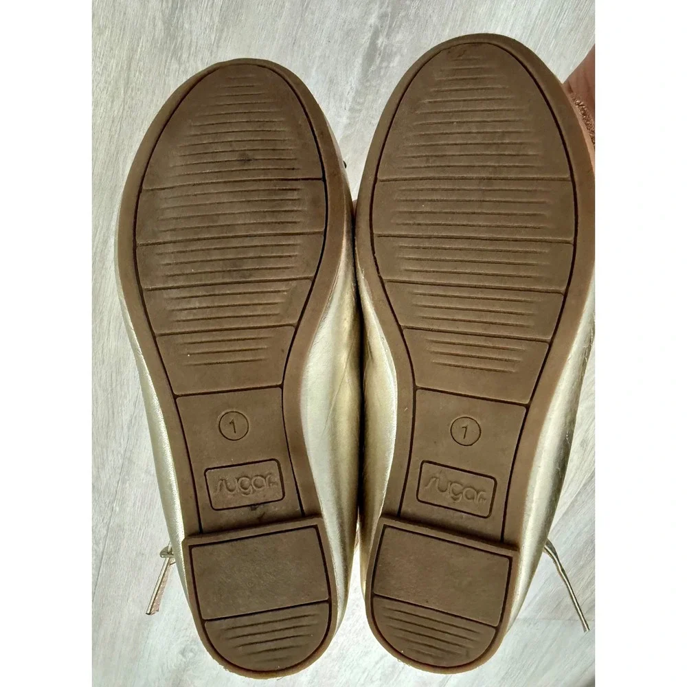 Sugar Kids Gold‎ Glitter Bow Ankle Strap Ballet Flats Shoes Size 1